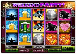 Jogo Slot: Weekend Party - Recheado de animação com figuras festivas em suas cinco linhas, que recebem apostas de até 10 créditos cada. Venha participar dessa festa!